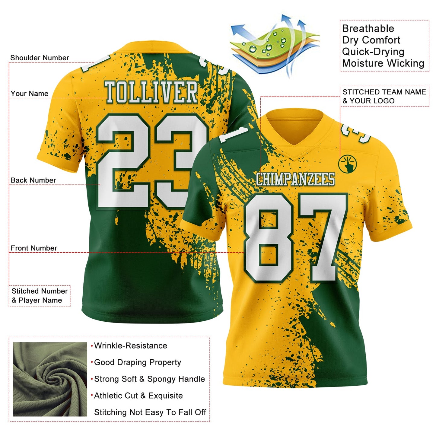 Custom Gold White-Green 3D Pattern Abstract Brush Stroke Authentic Football Jersey view 2