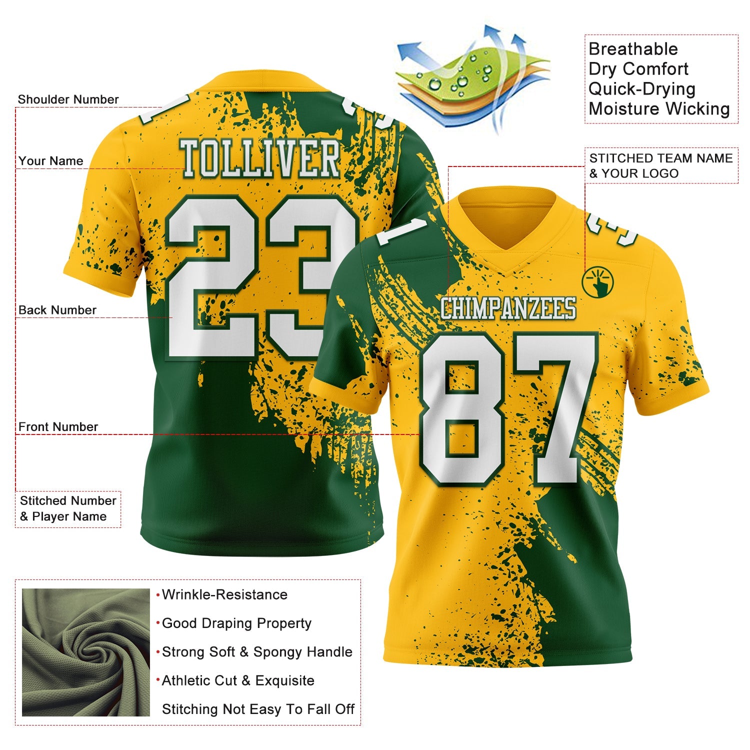 Custom Gold White-Green 3D Pattern Abstract Brush Stroke Authentic Football Jersey view 2
