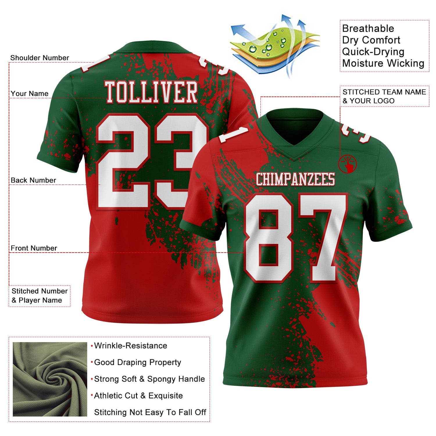 Custom Green White-Red 3D Pattern Abstract Brush Stroke Authentic Football Jersey view 2