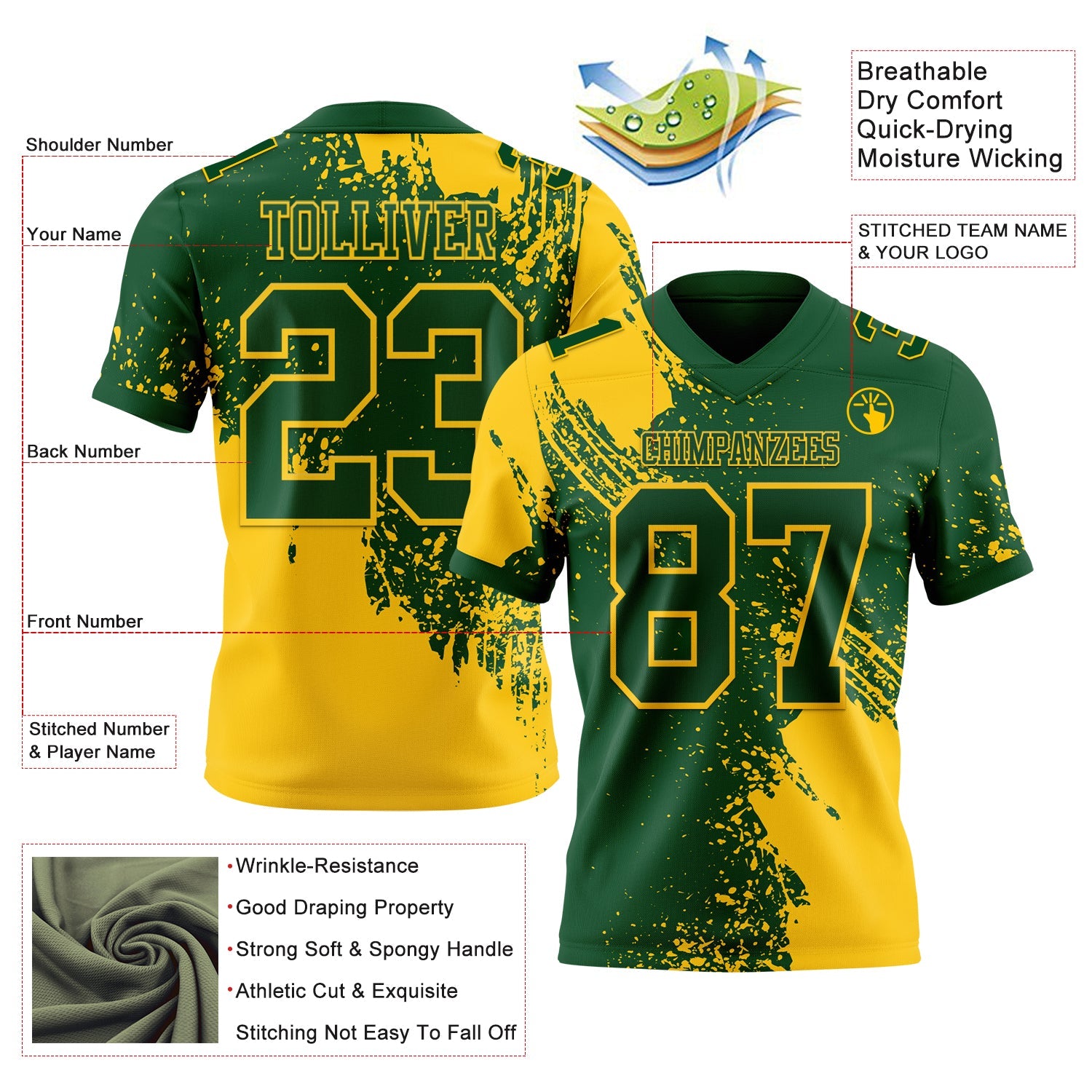 Custom Green Yellow 3D Pattern Abstract Brush Stroke Authentic Football Jersey view 2