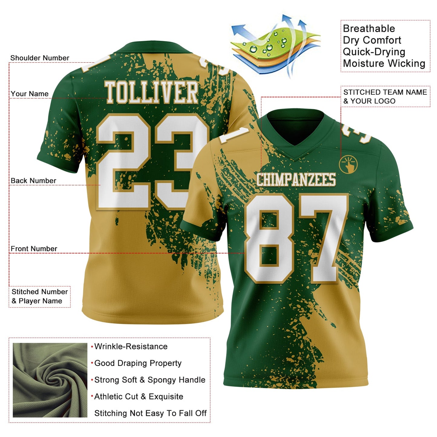 Custom Green White-Old Gold 3D Pattern Abstract Brush Stroke Authentic Football Jersey view 2