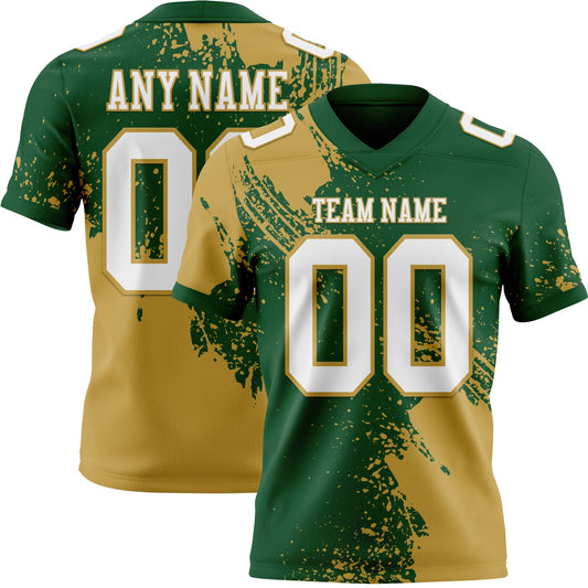 Custom Green White-Old Gold 3D Pattern Abstract Brush Stroke Authentic Football Jersey - Main View