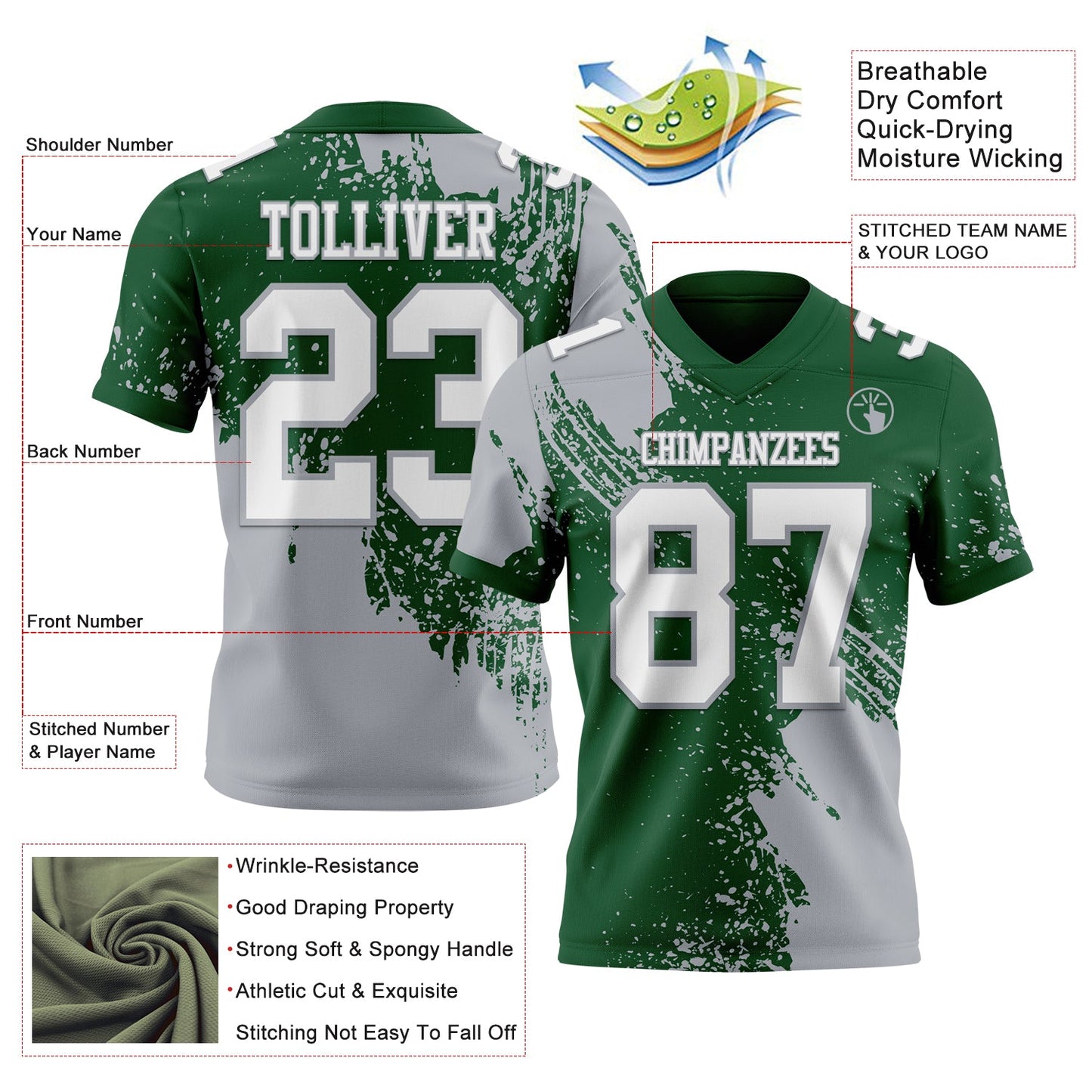 Custom Green White-Gray 3D Pattern Abstract Brush Stroke Authentic Football Jersey view 2