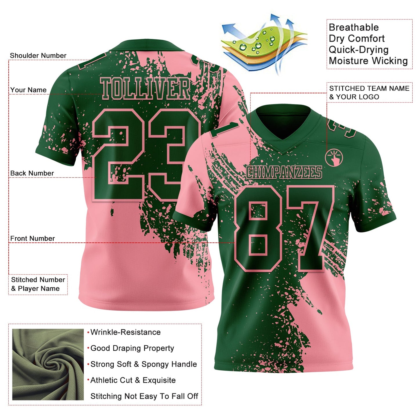 Custom Green Medium Pink 3D Pattern Abstract Brush Stroke Authentic Football Jersey view 2