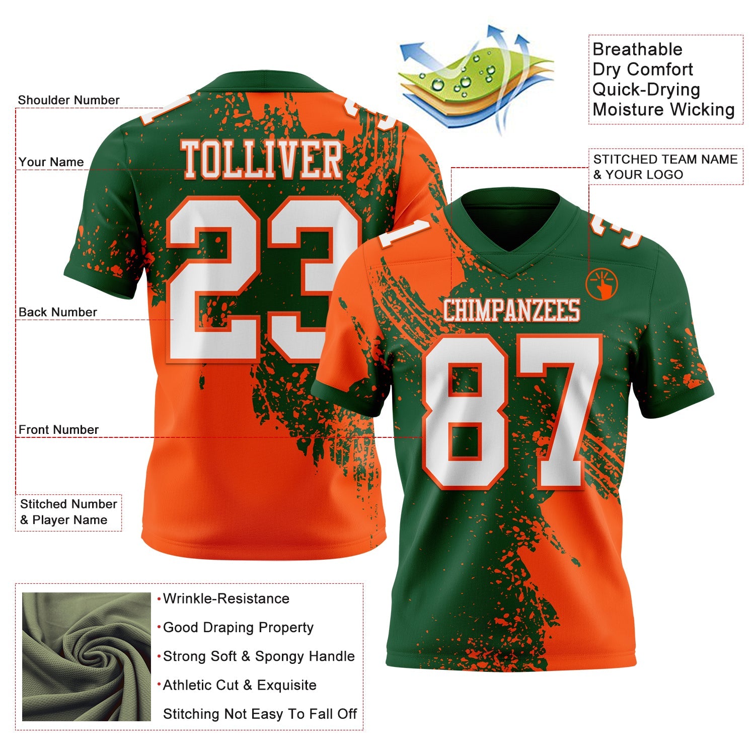 Custom Green White-Orange 3D Pattern Abstract Brush Stroke Authentic Football Jersey view 2