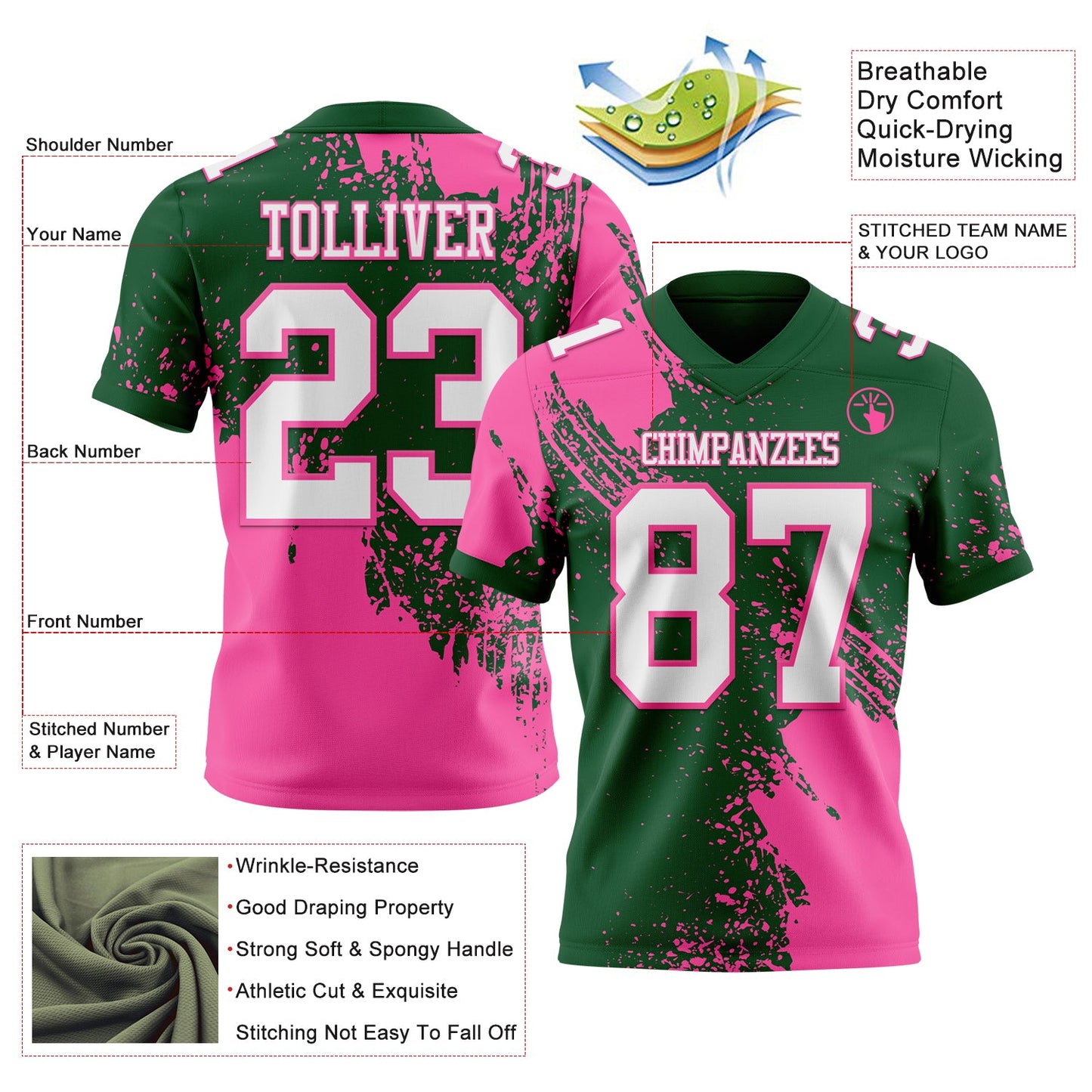 Custom Green White-Pink 3D Pattern Abstract Brush Stroke Authentic Football Jersey view 2