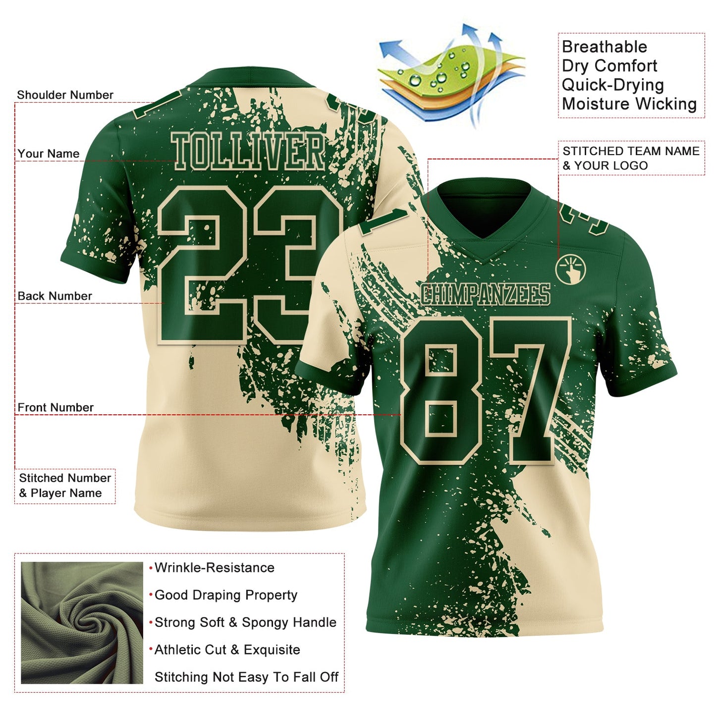 Custom Green Cream 3D Pattern Abstract Brush Stroke Authentic Football Jersey view 2