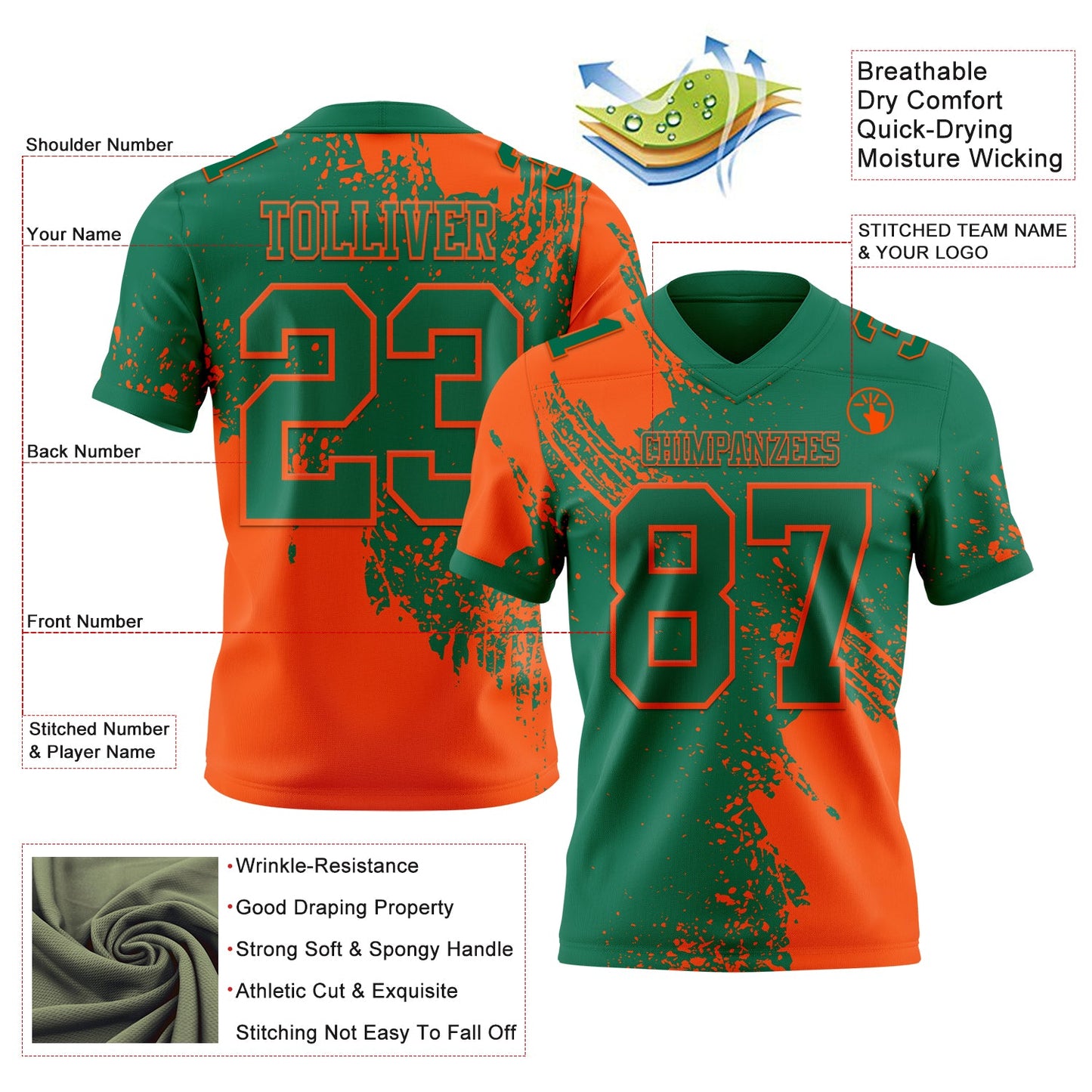 Custom Kelly Green Orange 3D Pattern Abstract Brush Stroke Authentic Football Jersey view 2