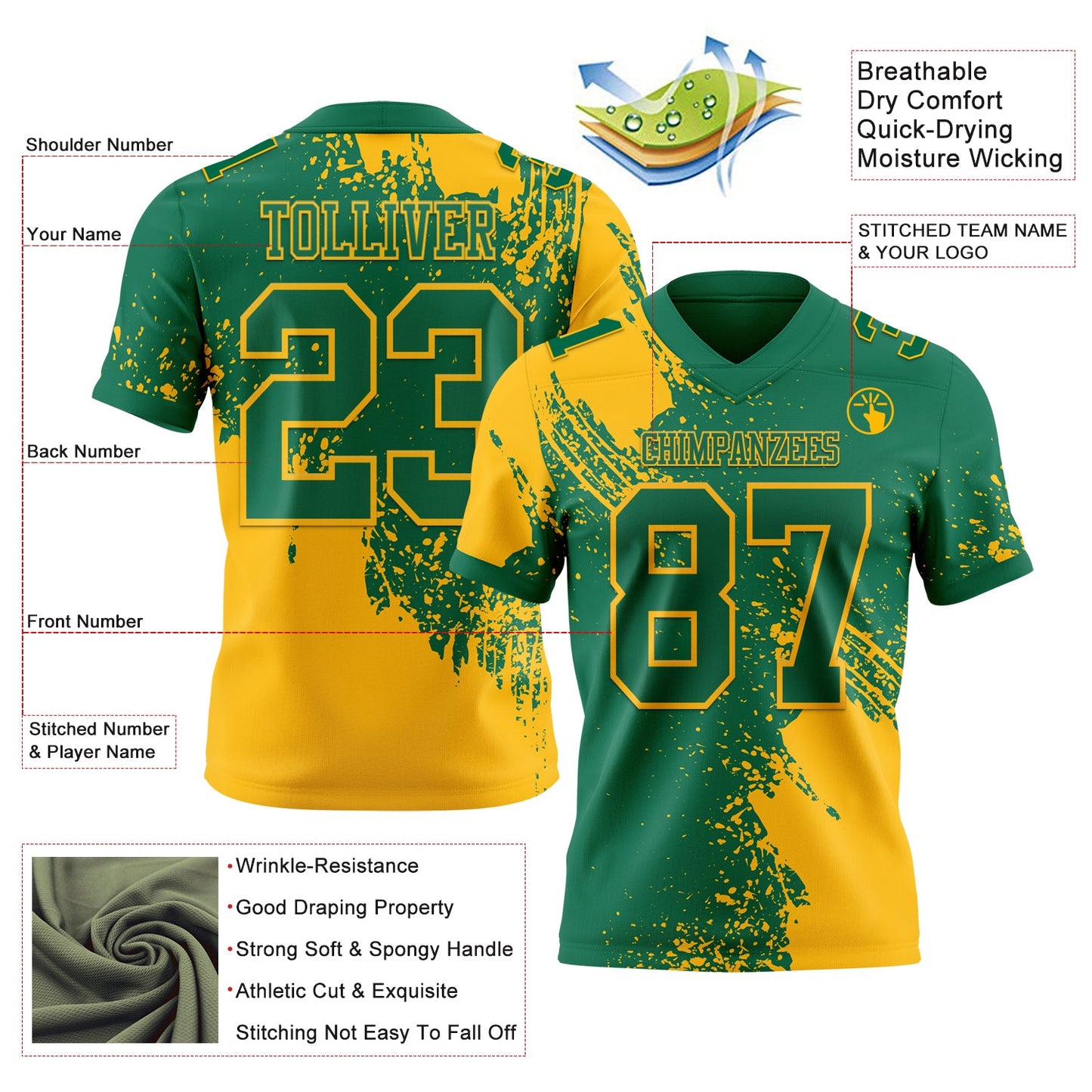 Custom Kelly Green Gold 3D Pattern Abstract Brush Stroke Authentic Football Jersey view 2