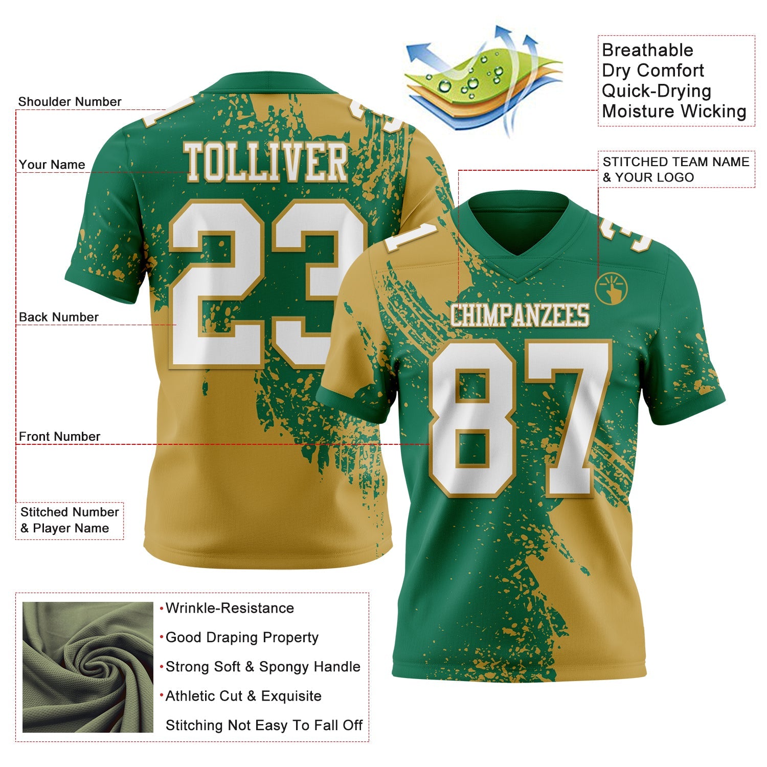 Custom Kelly Green White-Old Gold 3D Pattern Abstract Brush Stroke Authentic Football Jersey view 2