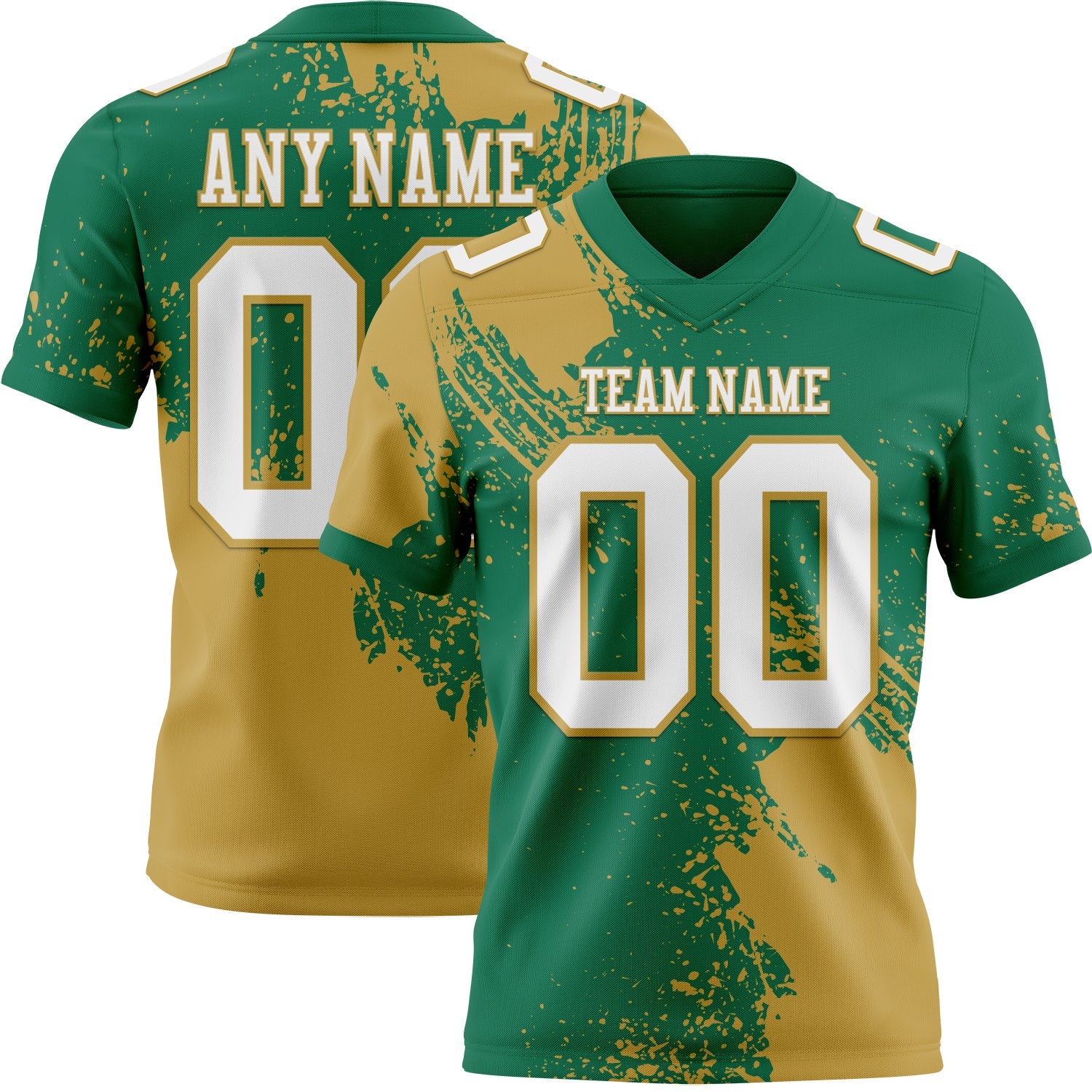 Custom Kelly Green White-Old Gold 3D Pattern Abstract Brush Stroke Authentic Football Jersey - Main View