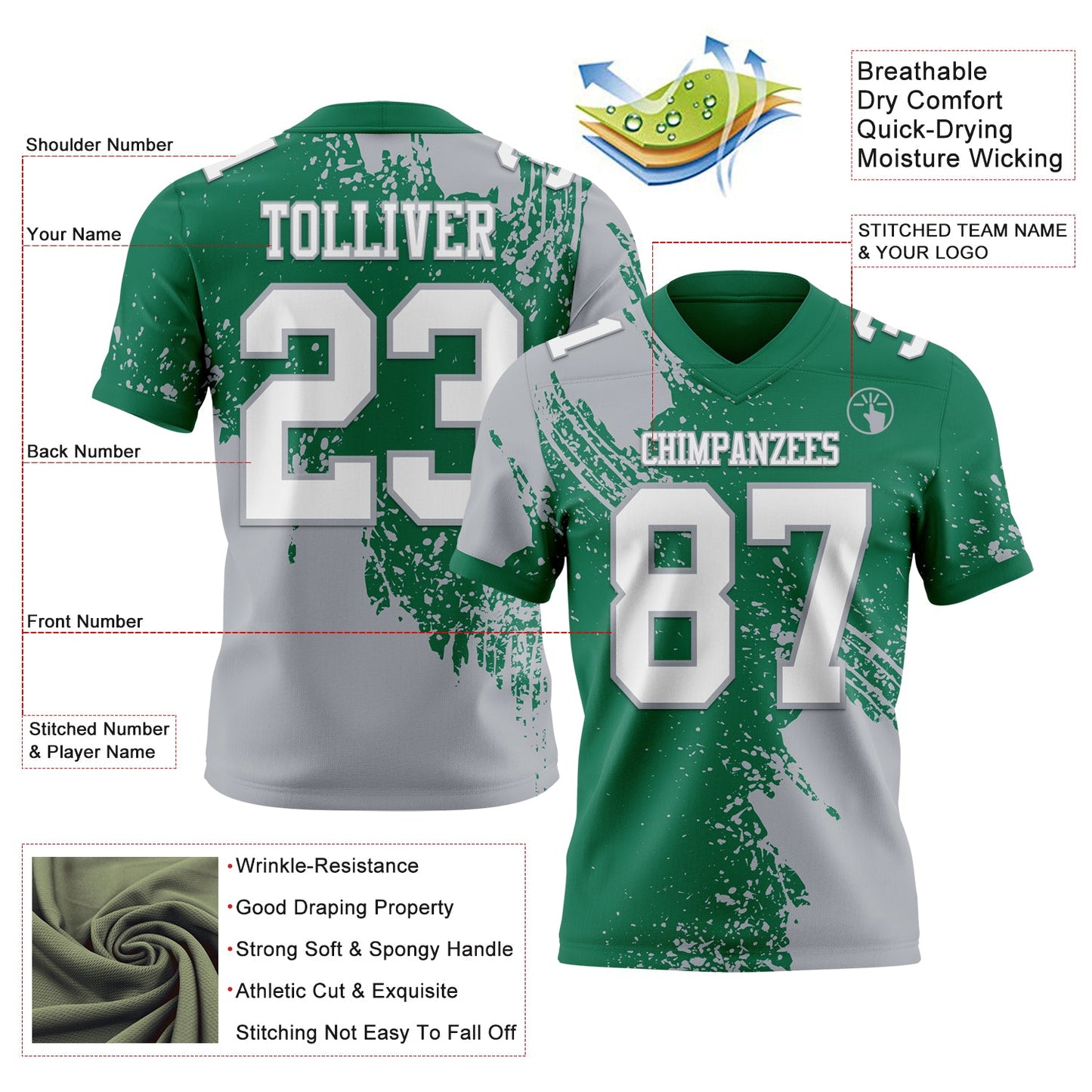 Custom Kelly Green White-Gray 3D Pattern Abstract Brush Stroke Authentic Football Jersey view 2