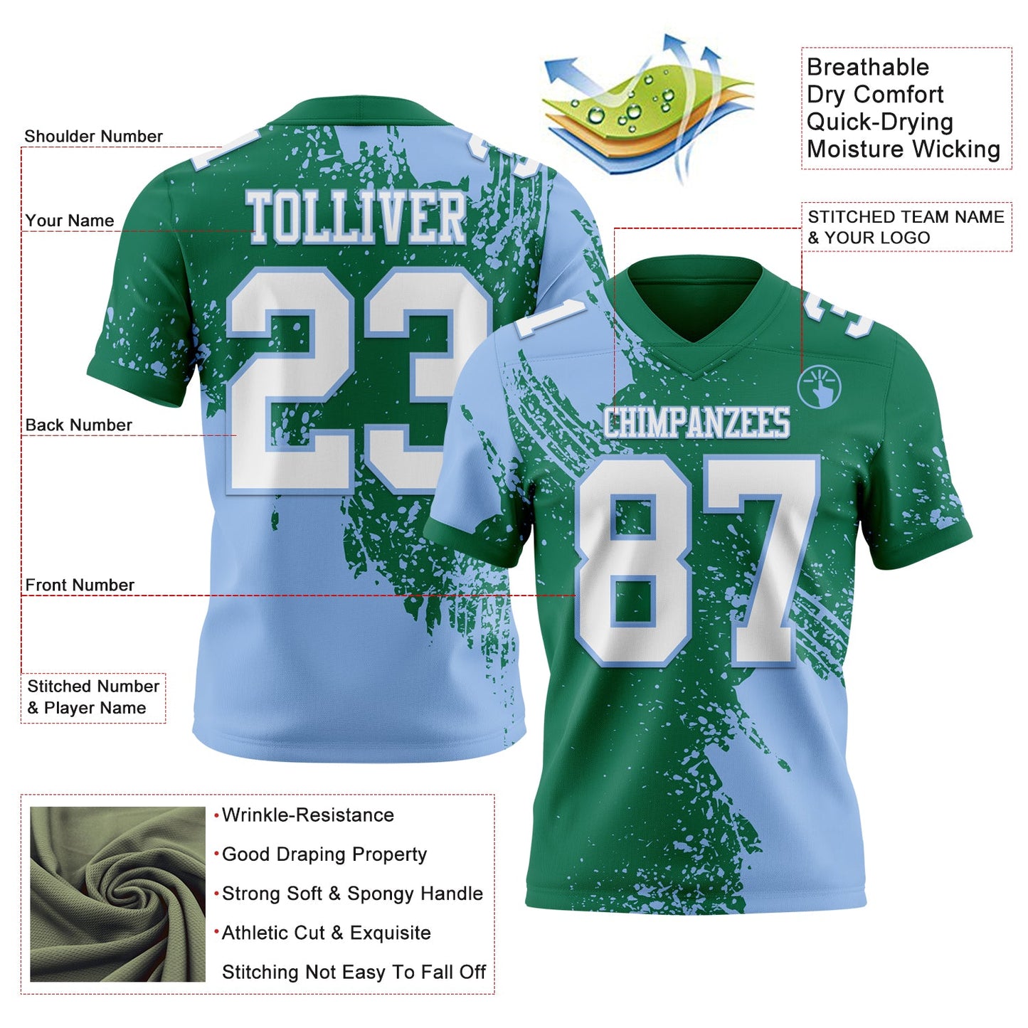 Custom Kelly Green White-Light Blue 3D Pattern Abstract Brush Stroke Authentic Football Jersey view 2