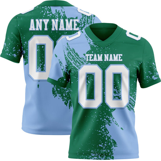 Custom Kelly Green White-Light Blue 3D Pattern Abstract Brush Stroke Authentic Football Jersey - Main View