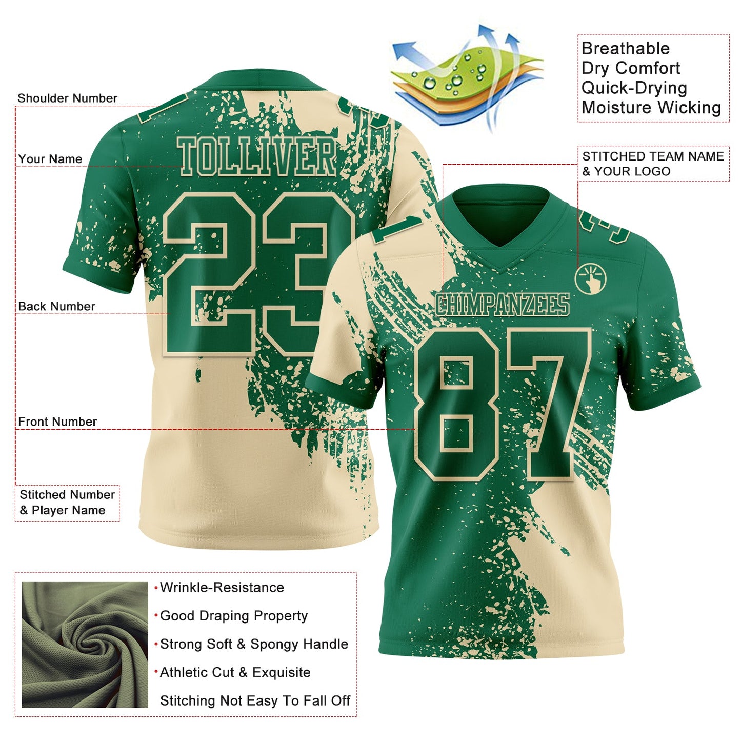 Custom Kelly Green Cream 3D Pattern Abstract Brush Stroke Authentic Football Jersey view 2