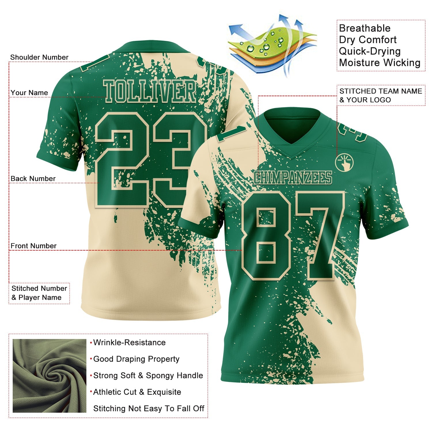 Custom Kelly Green Cream 3D Pattern Abstract Brush Stroke Authentic Football Jersey view 2