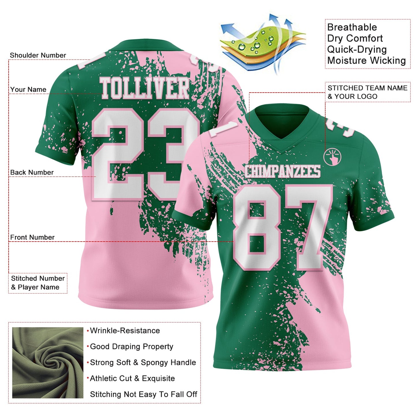 Custom Kelly Green White-Light Pink 3D Pattern Abstract Brush Stroke Authentic Football Jersey view 2