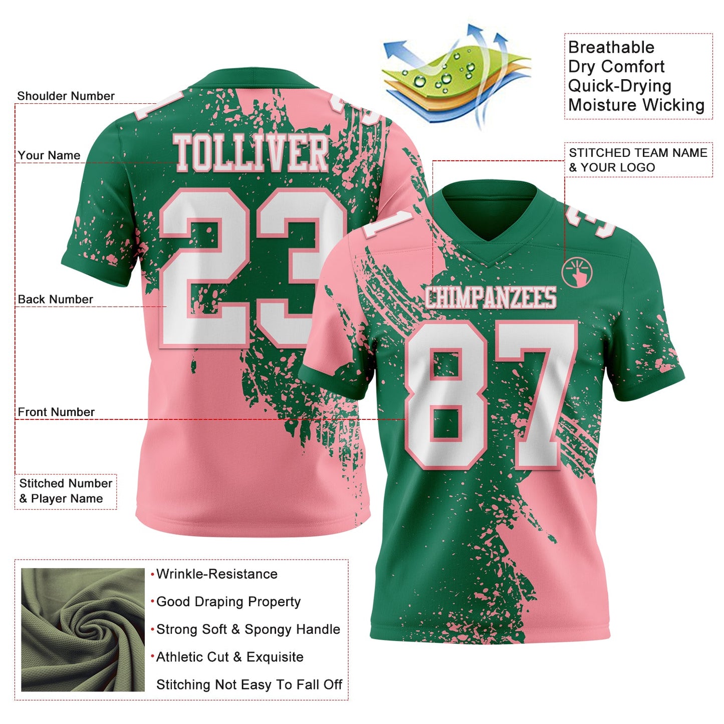 Custom Kelly Green White-Medium Pink 3D Pattern Abstract Brush Stroke Authentic Football Jersey view 2