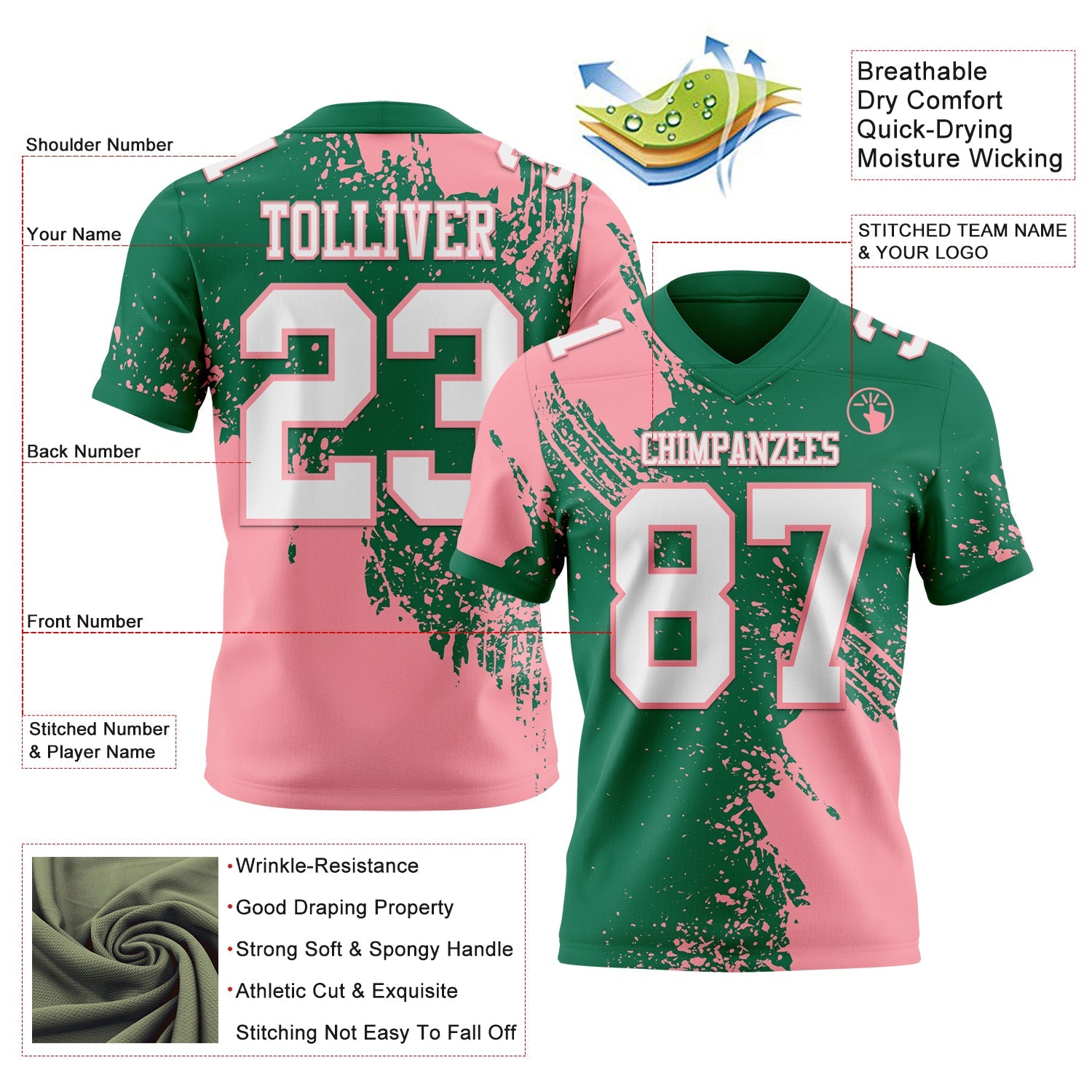 Custom Kelly Green White-Medium Pink 3D Pattern Abstract Brush Stroke Authentic Football Jersey view 2