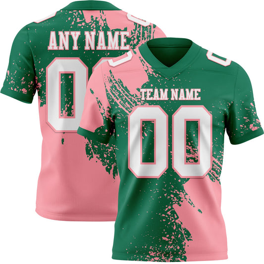 Custom Kelly Green White-Medium Pink 3D Pattern Abstract Brush Stroke Authentic Football Jersey - Main View