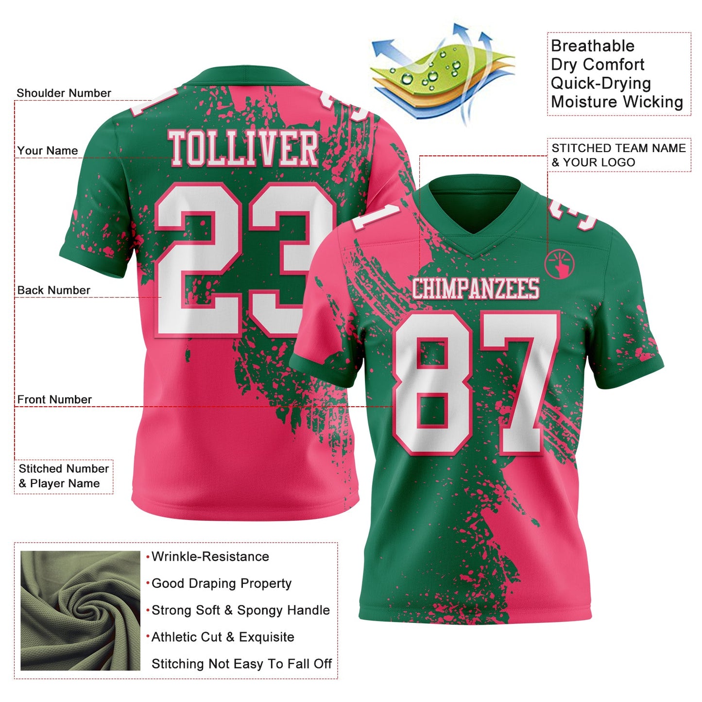 Custom Kelly Green White-Neon Pink 3D Pattern Abstract Brush Stroke Authentic Football Jersey view 2