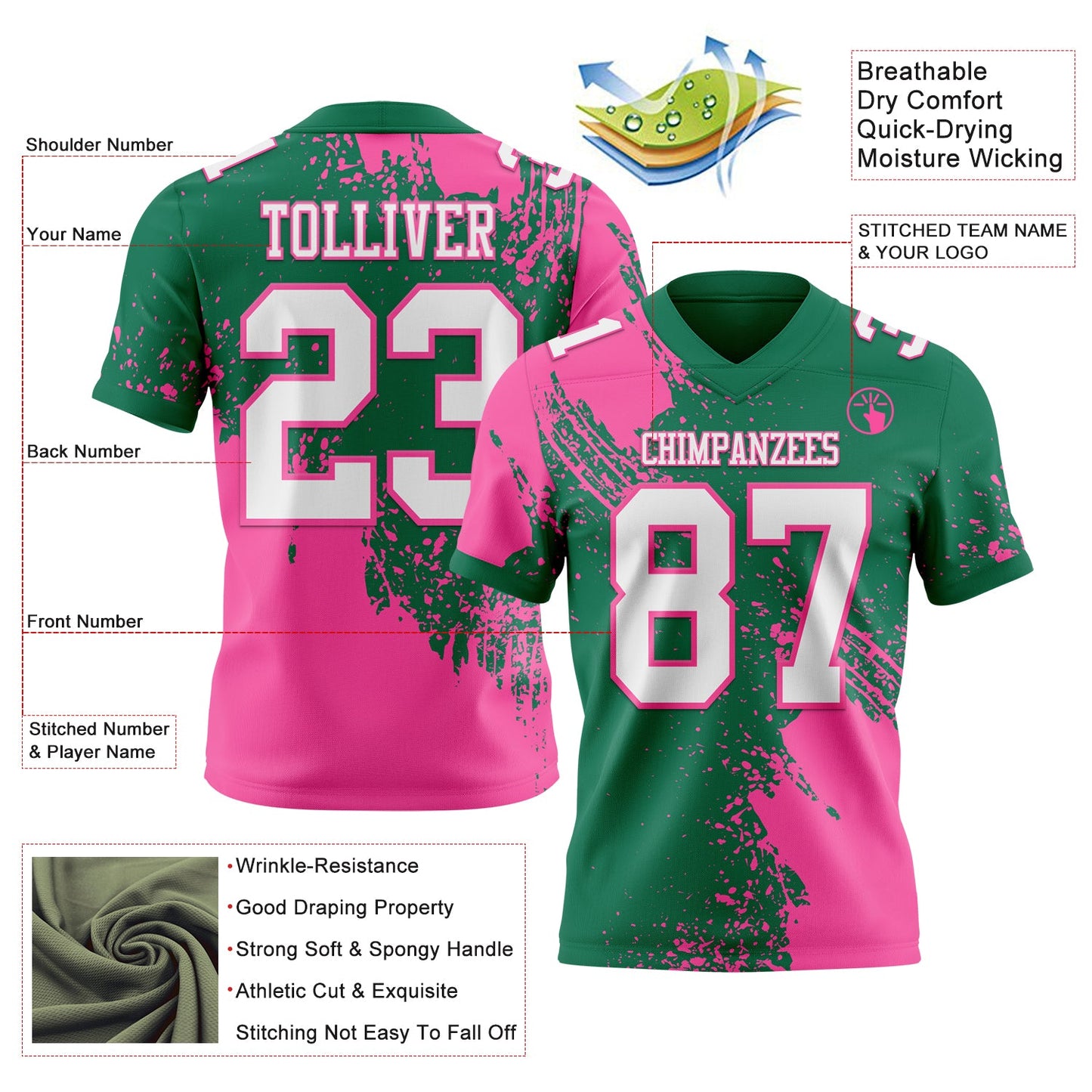 Custom Kelly Green White-Pink 3D Pattern Abstract Brush Stroke Authentic Football Jersey view 2