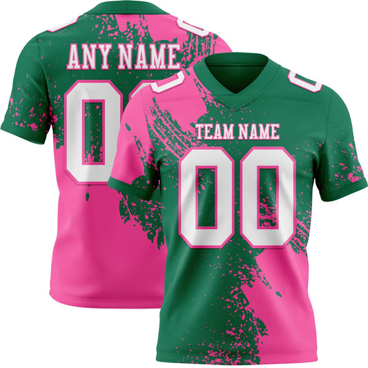 Custom Kelly Green White-Pink 3D Pattern Abstract Brush Stroke Authentic Football Jersey - Main View