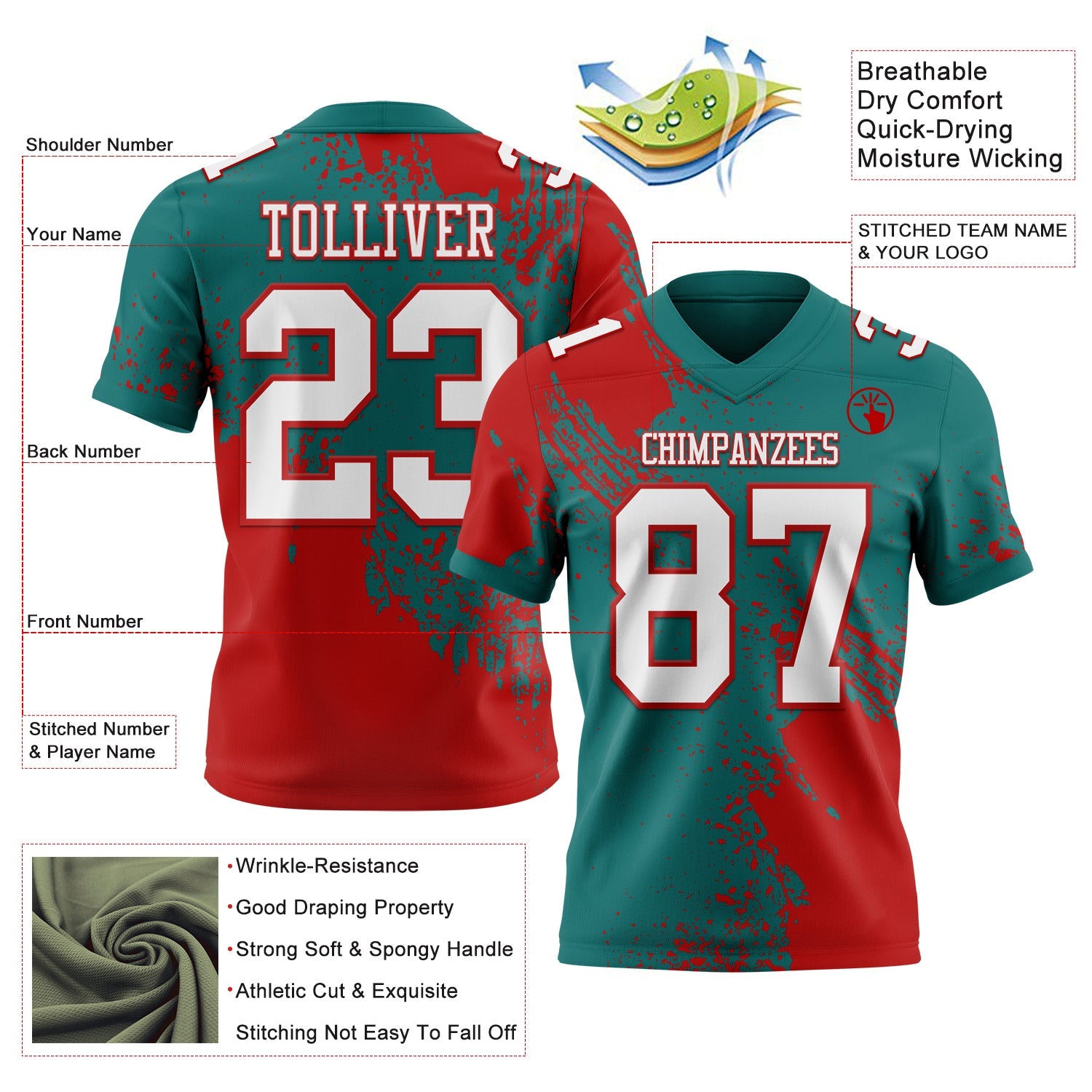 Custom Teal White-Red 3D Pattern Abstract Brush Stroke Authentic Football Jersey view 2