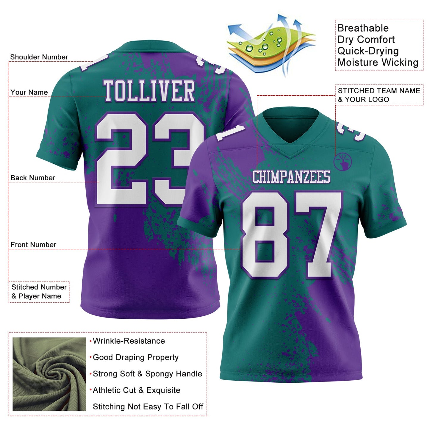 Custom Teal White-Purple 3D Pattern Abstract Brush Stroke Authentic Football Jersey view 2