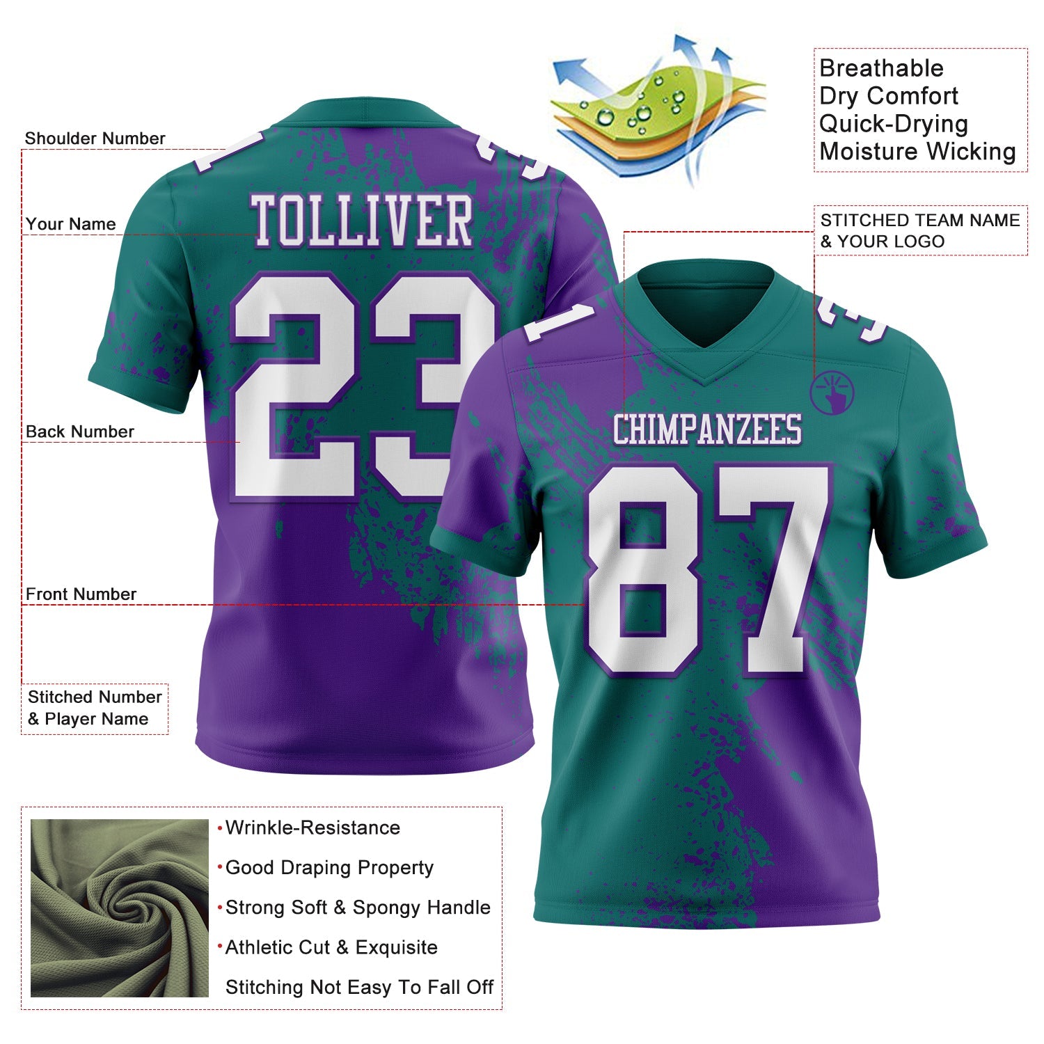 Custom Teal White-Purple 3D Pattern Abstract Brush Stroke Authentic Football Jersey view 2