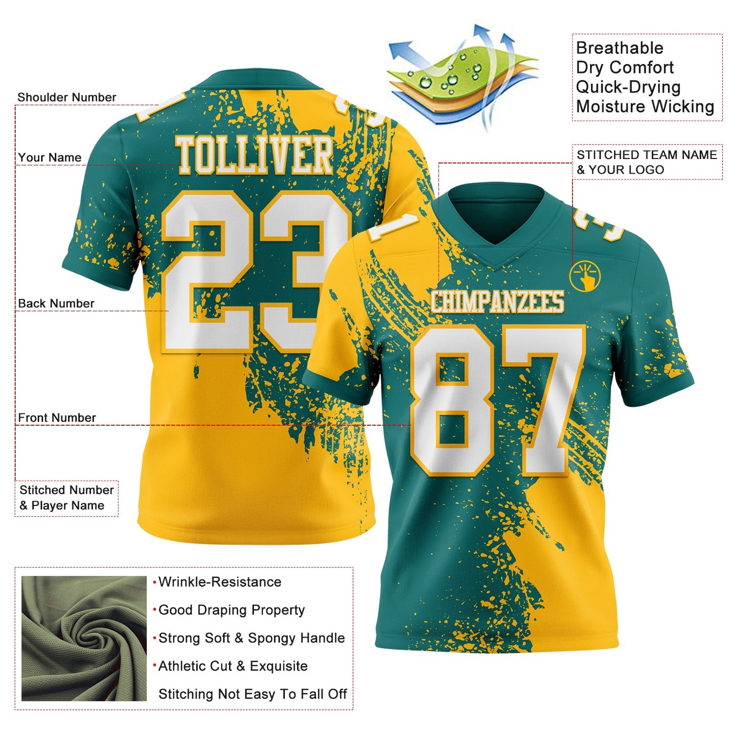 Custom Teal White-Gold 3D Pattern Abstract Brush Stroke Authentic Football Jersey view 2