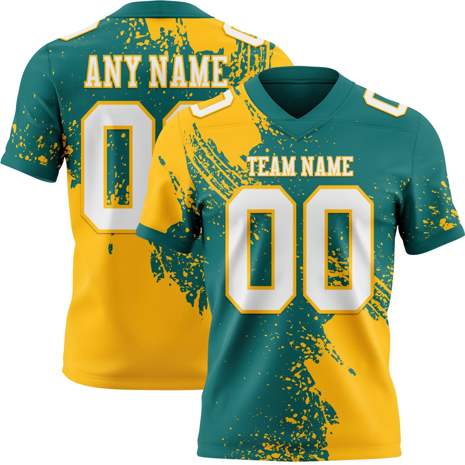 Custom Teal White-Gold 3D Pattern Abstract Brush Stroke Authentic Football Jersey - Main View