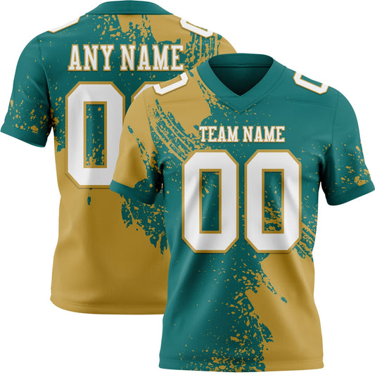 Custom Teal White-Old Gold 3D Pattern Abstract Brush Stroke Authentic Football Jersey - Main View