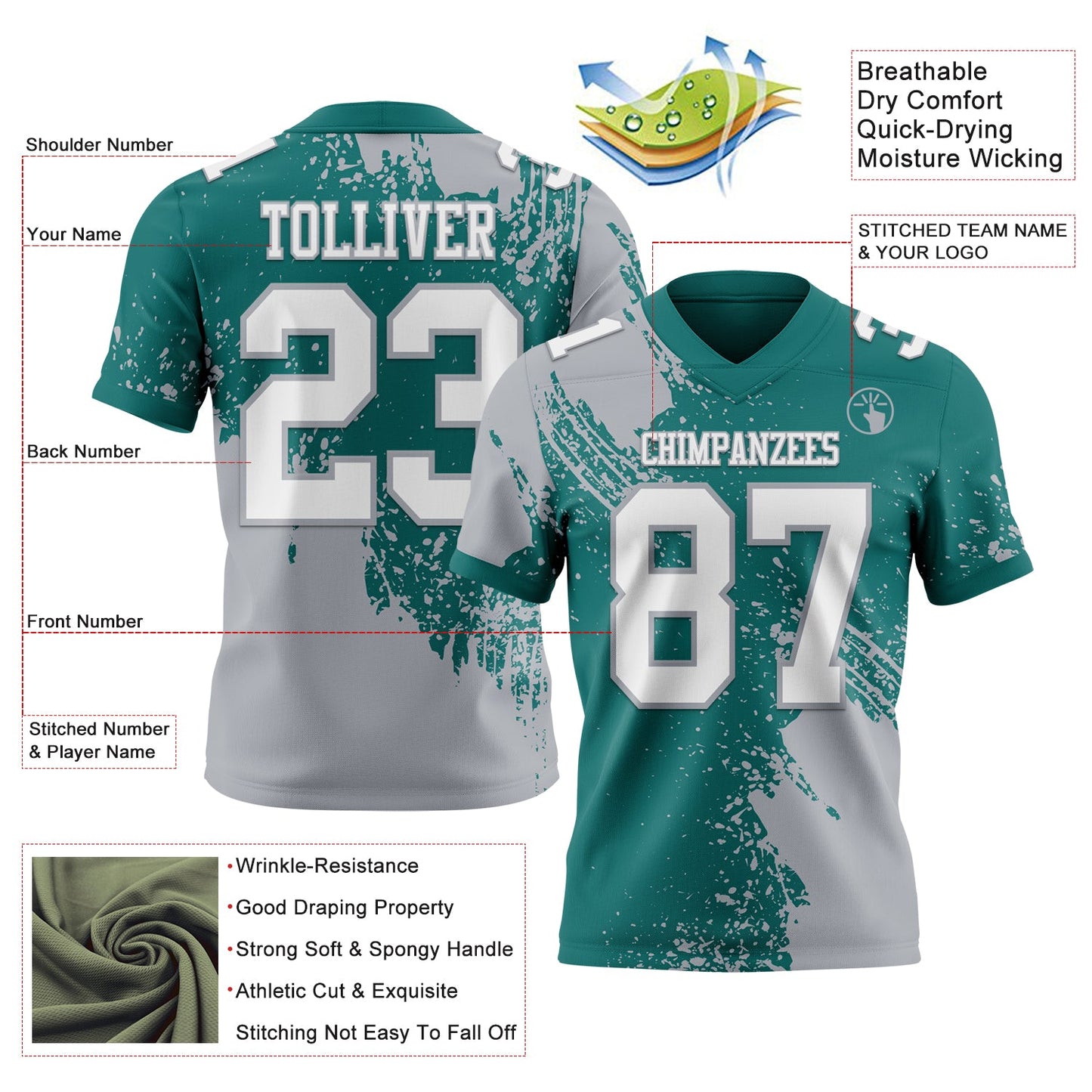 Custom Teal White-Gray 3D Pattern Abstract Brush Stroke Authentic Football Jersey view 2
