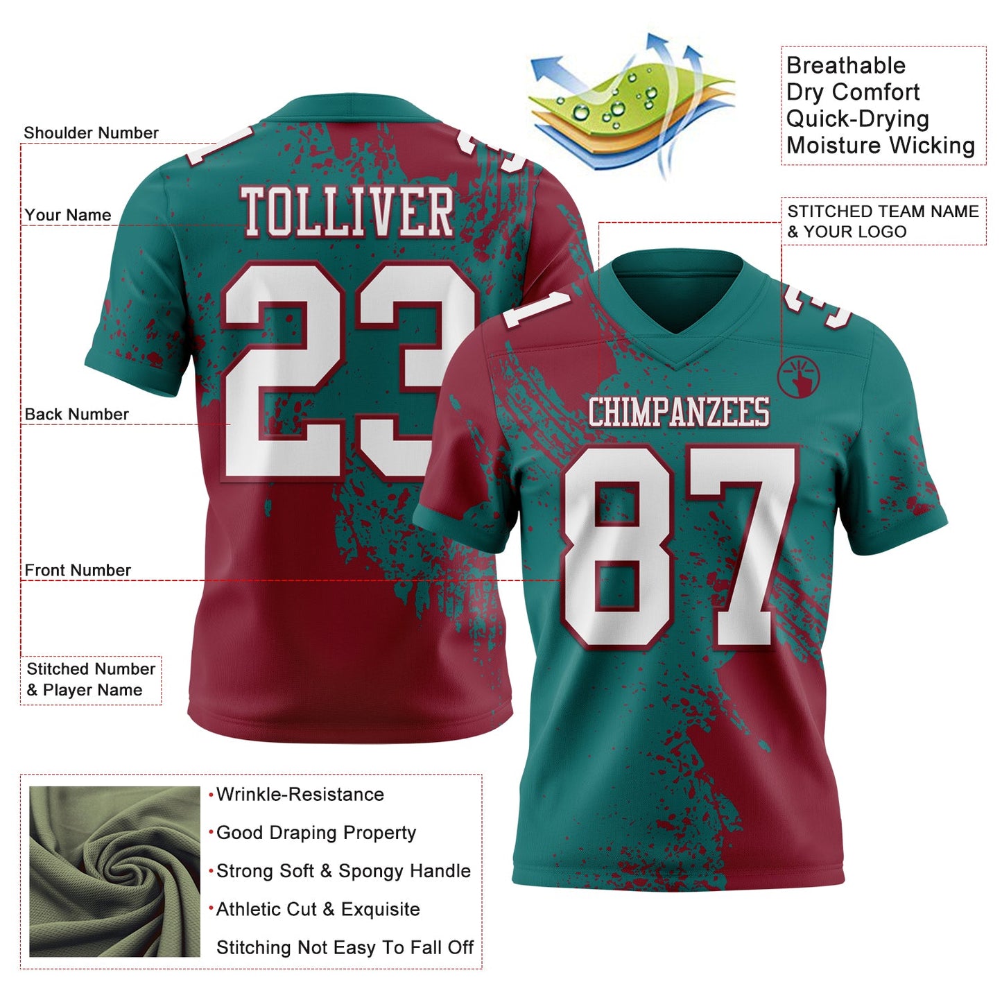 Custom Teal White-Crimson 3D Pattern Abstract Brush Stroke Authentic Football Jersey view 2