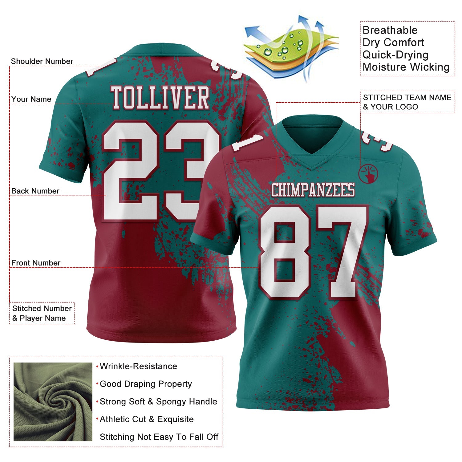 Custom Teal White-Crimson 3D Pattern Abstract Brush Stroke Authentic Football Jersey view 2