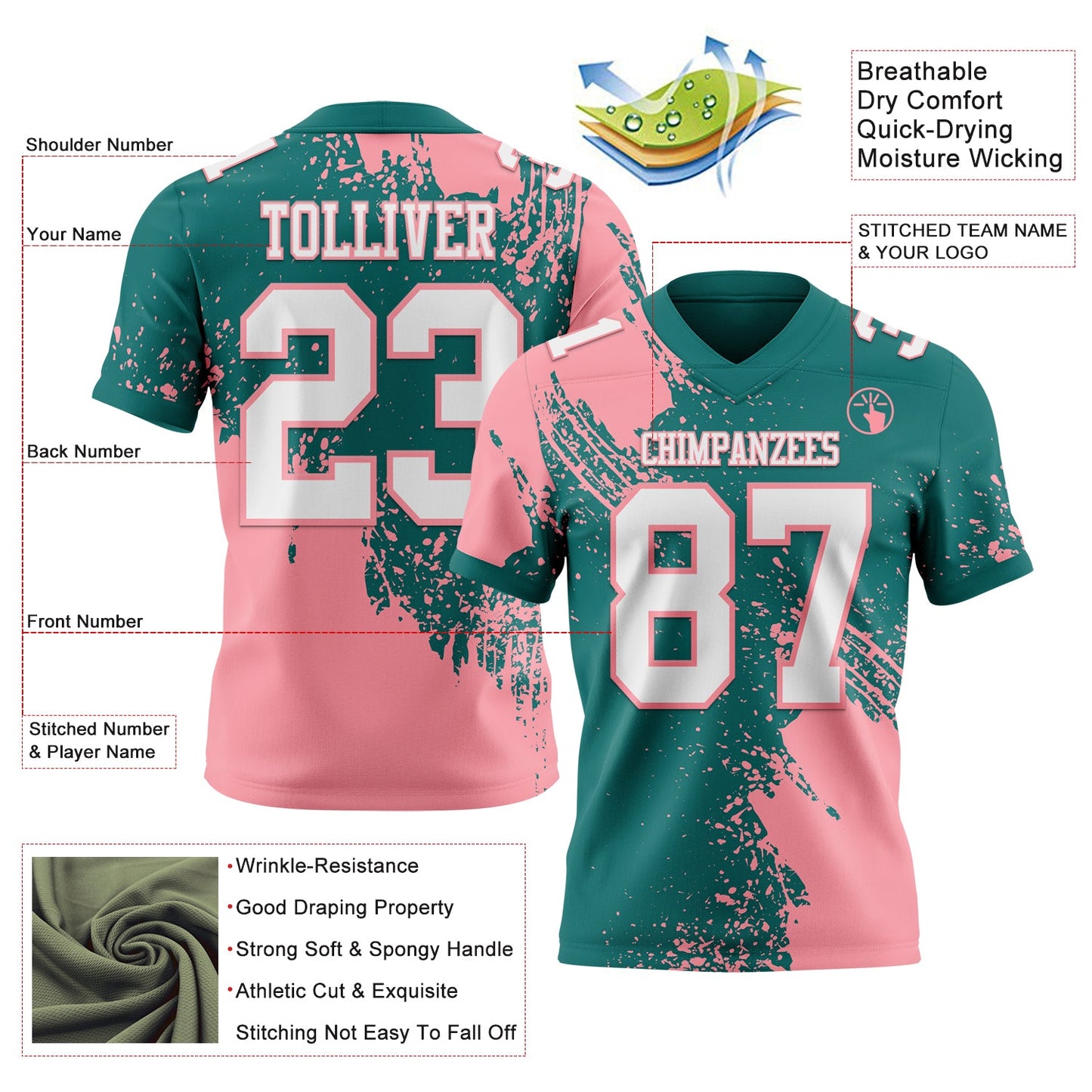 Custom Teal White-Medium Pink 3D Pattern Abstract Brush Stroke Authentic Football Jersey view 2