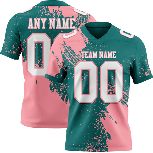 Custom Teal White-Medium Pink 3D Pattern Abstract Brush Stroke Authentic Football Jersey - Main View