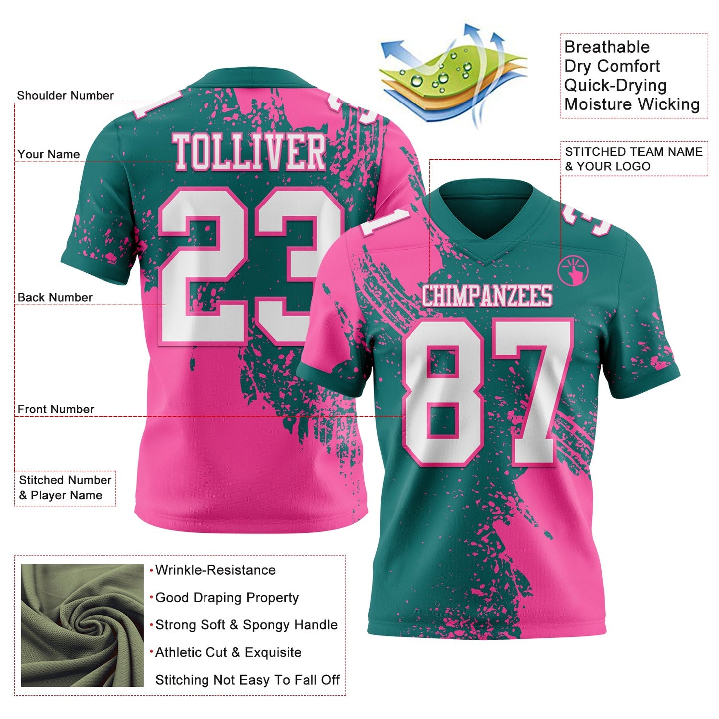 Custom Teal White-Pink 3D Pattern Abstract Brush Stroke Authentic Football Jersey view 2