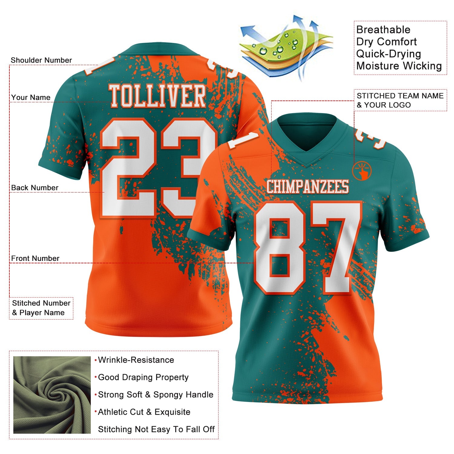Custom Teal White-Orange 3D Pattern Abstract Brush Stroke Authentic Football Jersey view 2