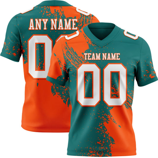 Custom Teal White-Orange 3D Pattern Abstract Brush Stroke Authentic Football Jersey - Main View