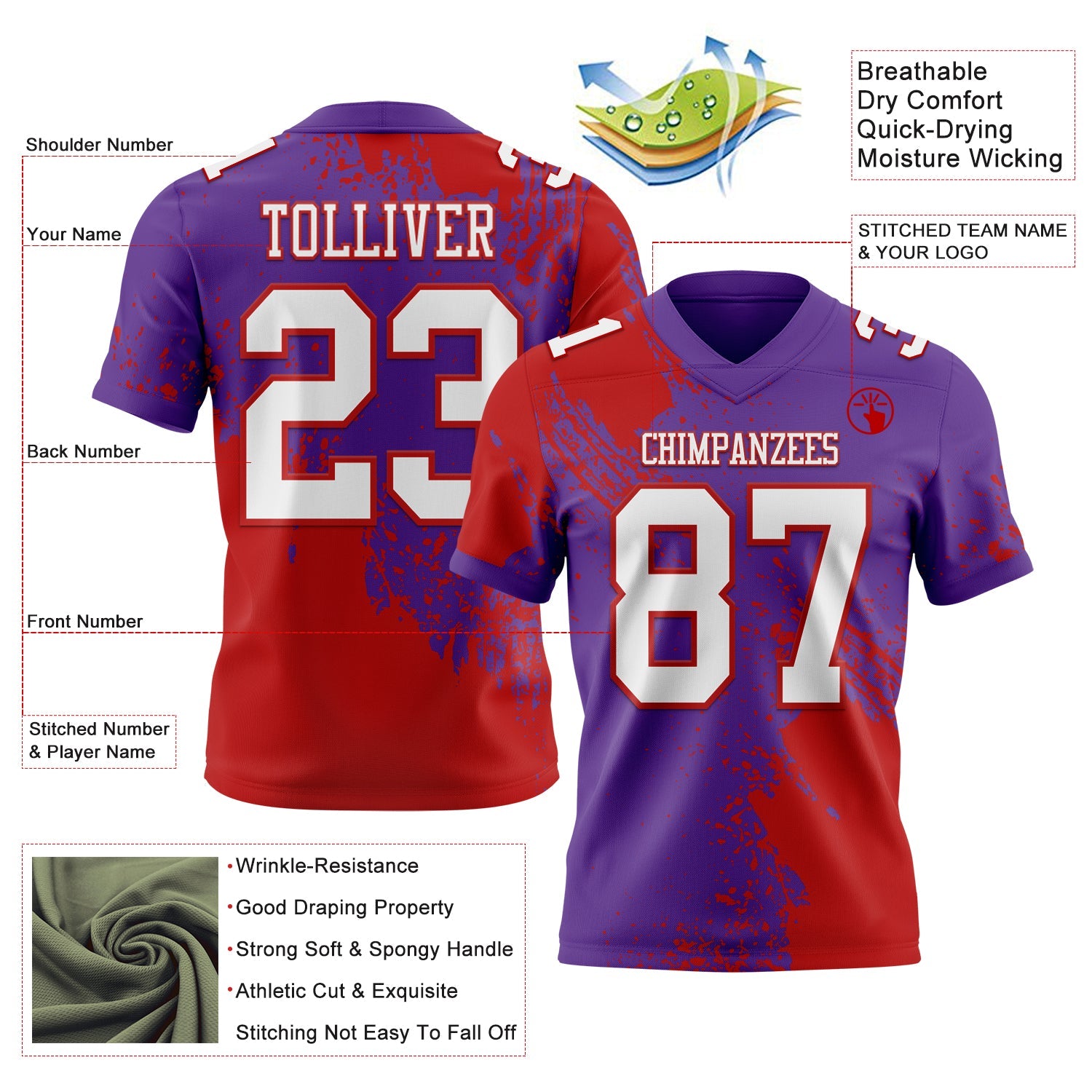 Custom Purple White-Red 3D Pattern Abstract Brush Stroke Authentic Football Jersey view 2