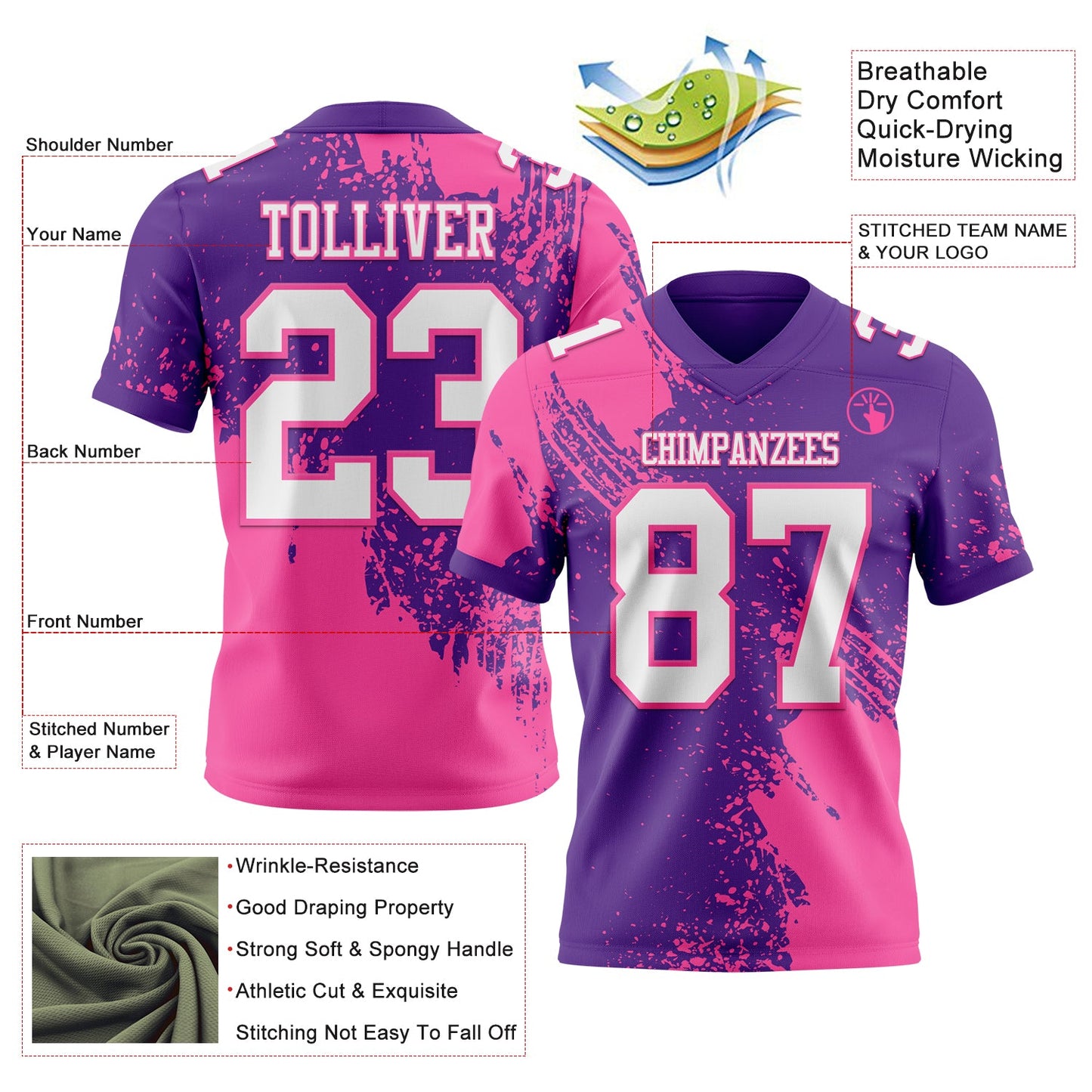 Custom Purple White-Pink 3D Pattern Abstract Brush Stroke Authentic Football Jersey view 2