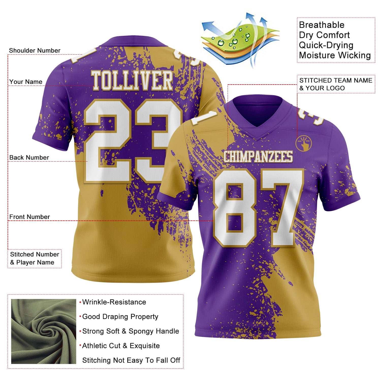 Custom Purple White-Old Gold 3D Pattern Abstract Brush Stroke Authentic Football Jersey view 2