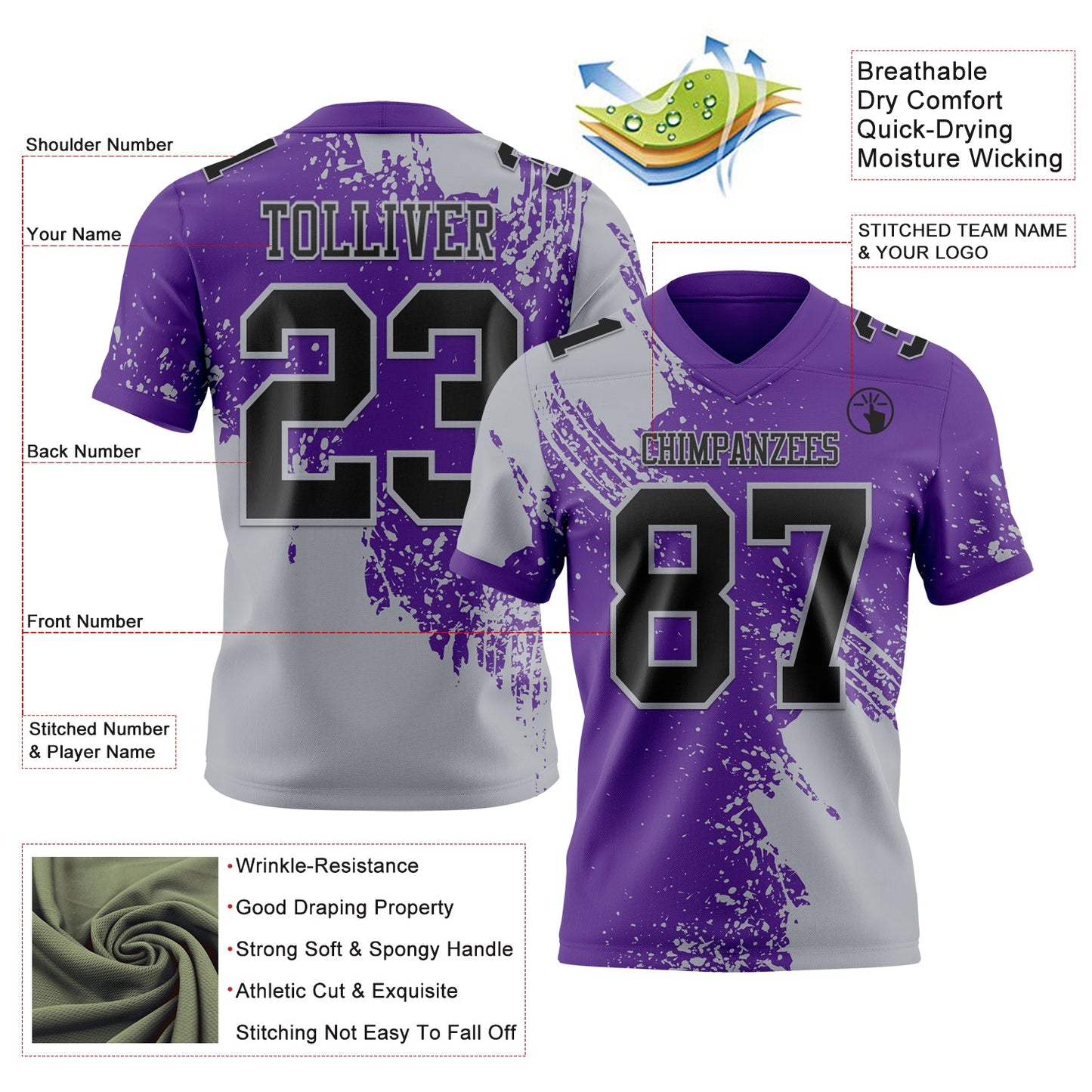 Custom Purple Black-Gray 3D Pattern Abstract Brush Stroke Authentic Football Jersey view 2