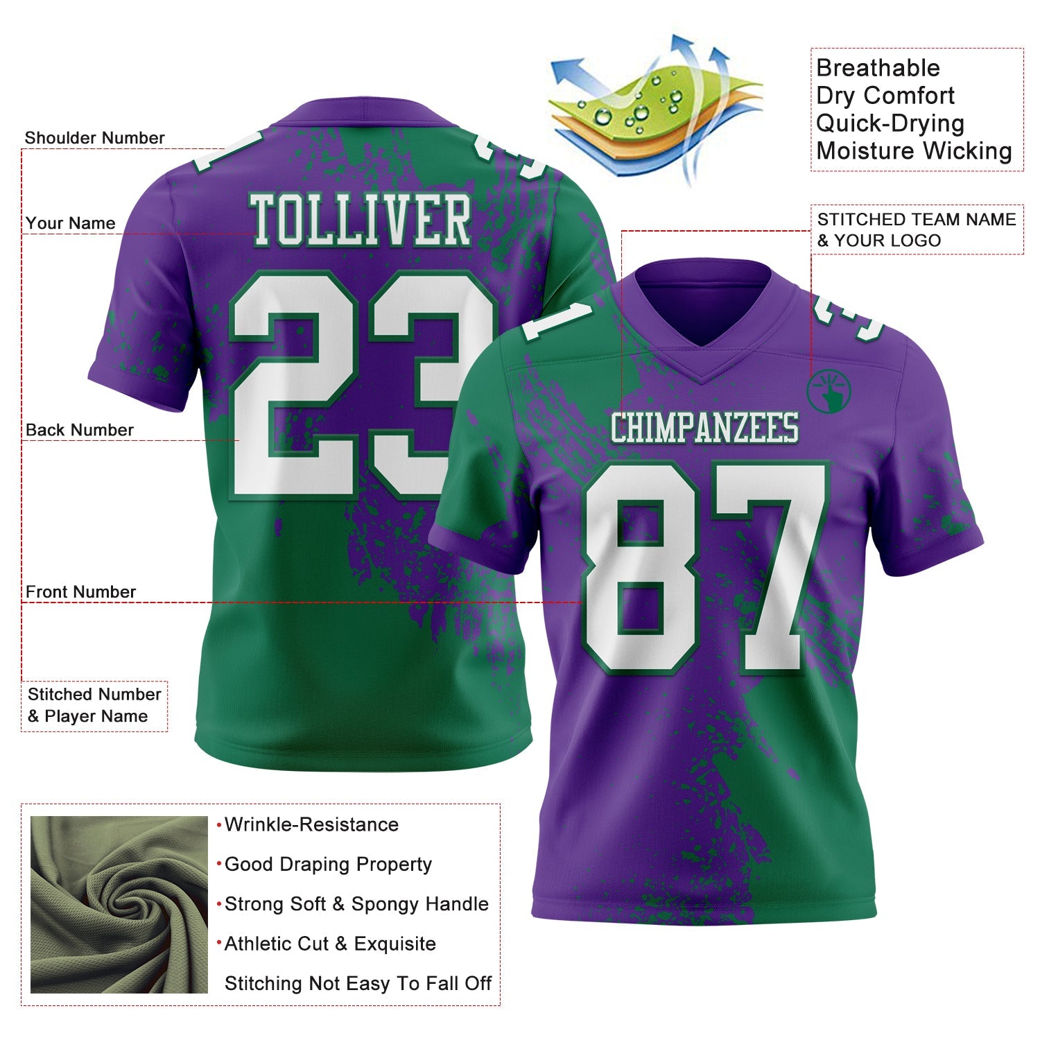 Custom Purple White-Kelly Green 3D Pattern Abstract Brush Stroke Authentic Football Jersey view 2