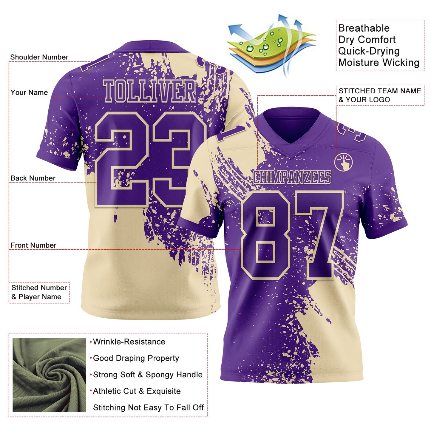 Custom Purple Cream 3D Pattern Abstract Brush Stroke Authentic Football Jersey view 2