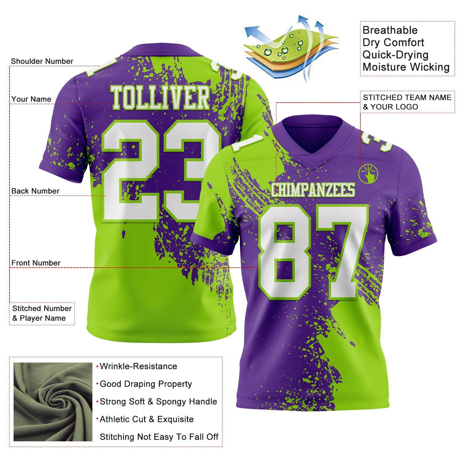 Custom Purple White-Neon Green 3D Pattern Abstract Brush Stroke Authentic Football Jersey view 2