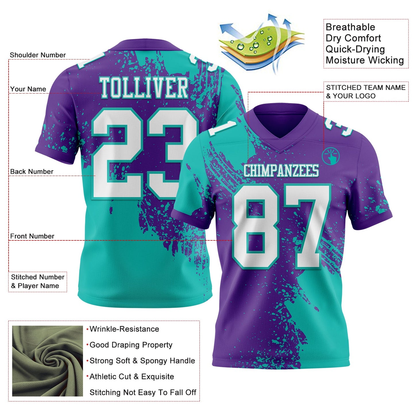 Custom Purple White-Aqua 3D Pattern Abstract Brush Stroke Authentic Football Jersey view 2