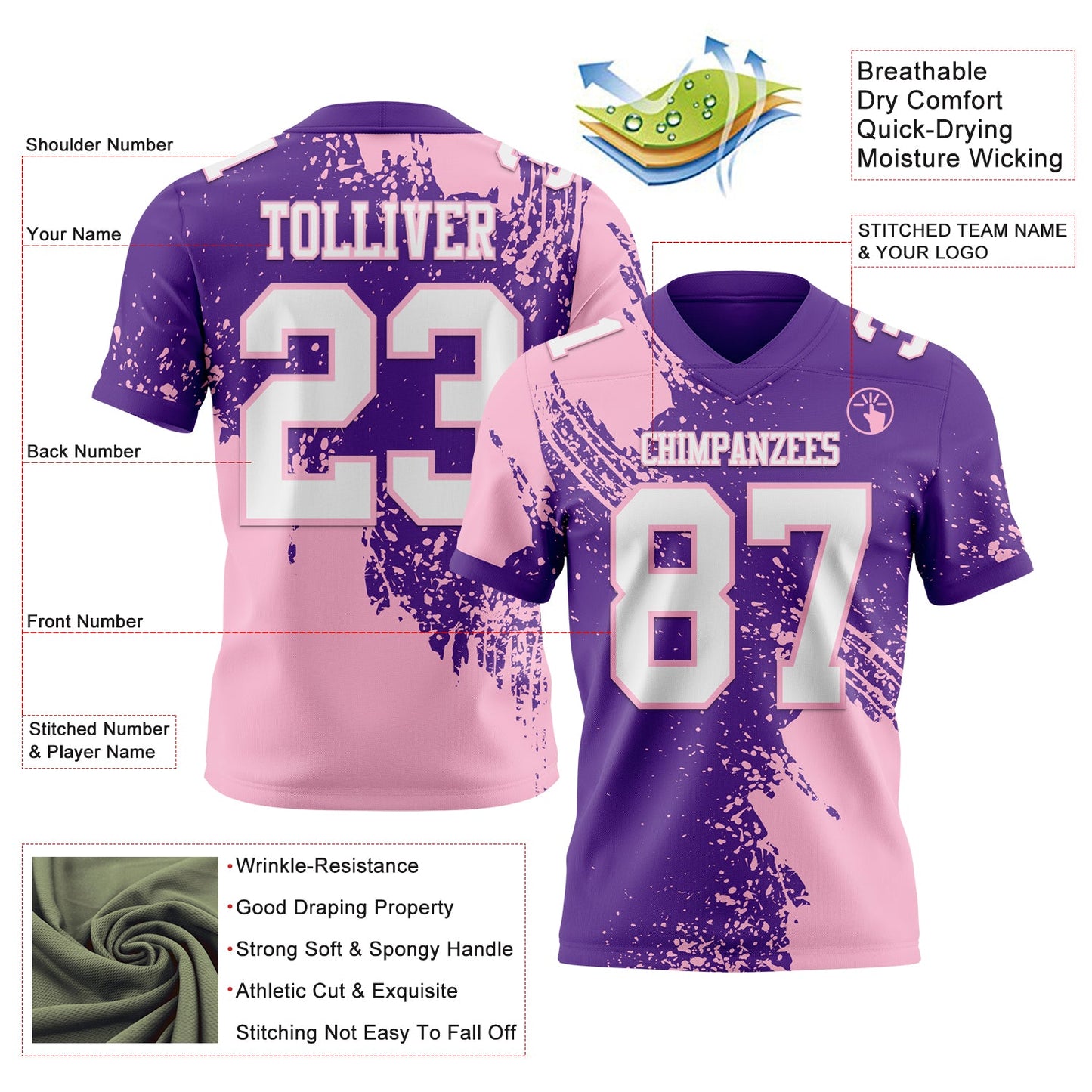 Custom Purple White-Light Pink 3D Pattern Abstract Brush Stroke Authentic Football Jersey view 2